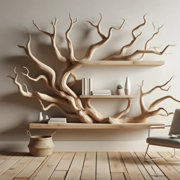 Driftwood Tree Branch Corner Shelf – Floating Mini Bookcase, Solid Wood Wall Decor & Bookshelf Display