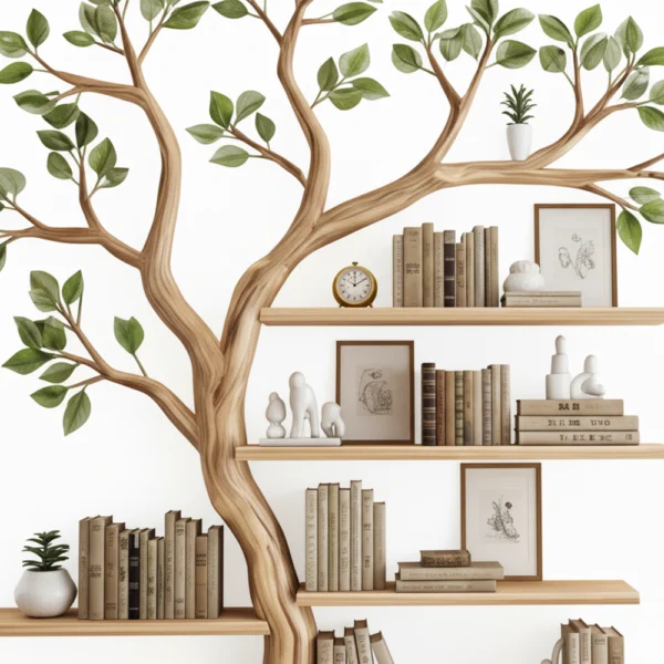 Freestanding Tree Bookshelf - Handcrafted Wooden Sculpture with Leafy Branch Shelves
