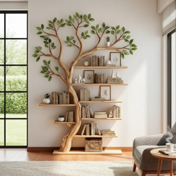 Freestanding Tree Bookshelf - Handcrafted Wooden Sculpture with Leafy Branch Shelves