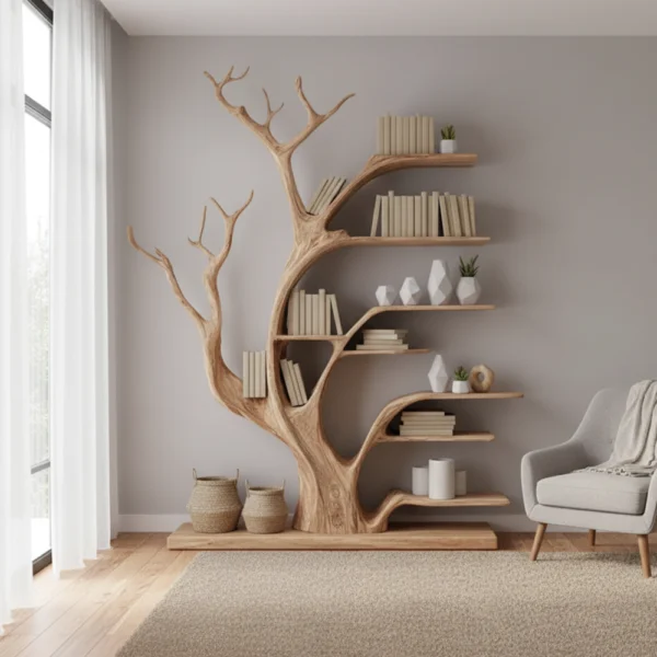 Handcrafted Tree Bookshelf Wall Mounted Live Edge