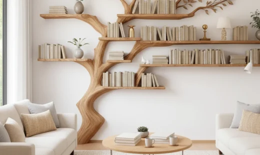 Handcrafted Tree Branch Bookshelf – Solid Wood Wall-Mounted Display4