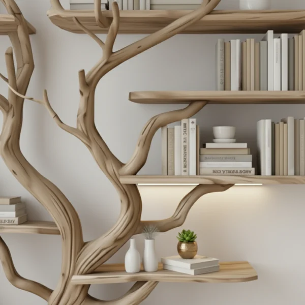 Handmade Driftwood Tree Bookshelf | Floating Solid Wood Wall Art