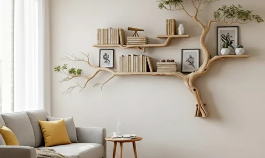 Handmade Tree-Shaped Bookshelf – Natural Wood Wall Shelf for Creative Home Decor4