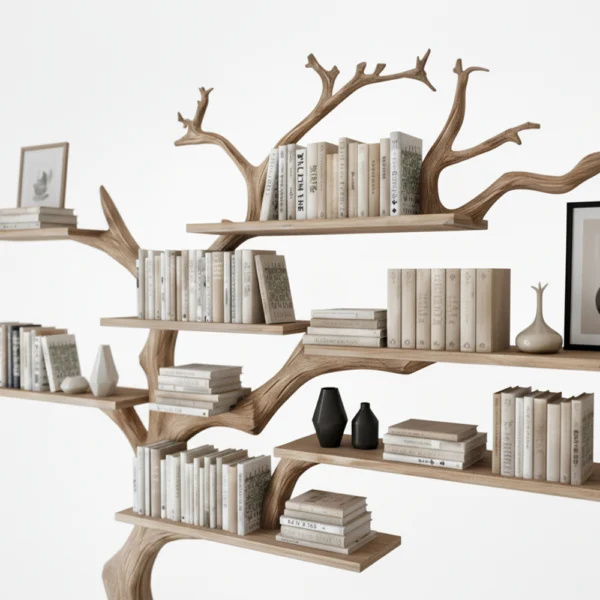Large Tree-Shaped Wooden Bookshelf – Unique Wall-Mounted Bookcase with Branch Shelves