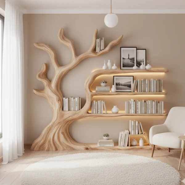 Rustic Tree Bookshelf - Handmade Wall-Mounted Shelf with Artistic Branch Design