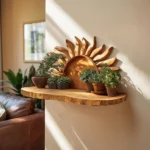Sun Design Wooden Wall Shelf - Hand-Carved Sun Art