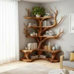 Tree Branch Bookshelf with L-Shaped Bench - Handcrafted Solid Wood Storage & Seating Combo