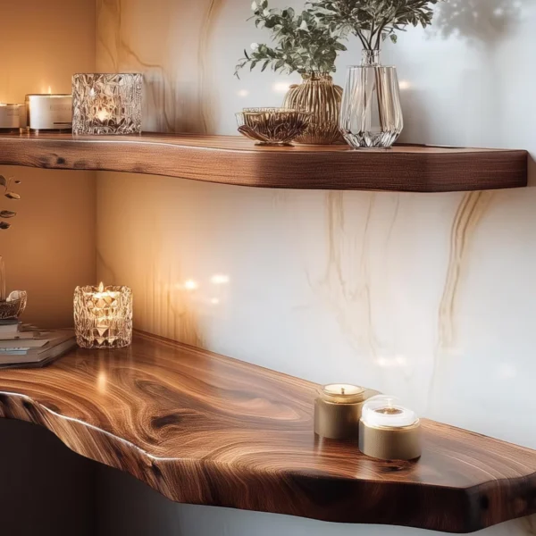 Luxury Live-Edge Corner Floating Shelf – Solid Monkey Pod Wood