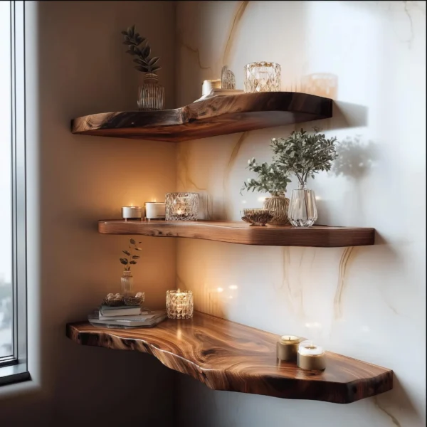 Luxury Live-Edge Corner Floating Shelf – Solid Monkey Pod Wood